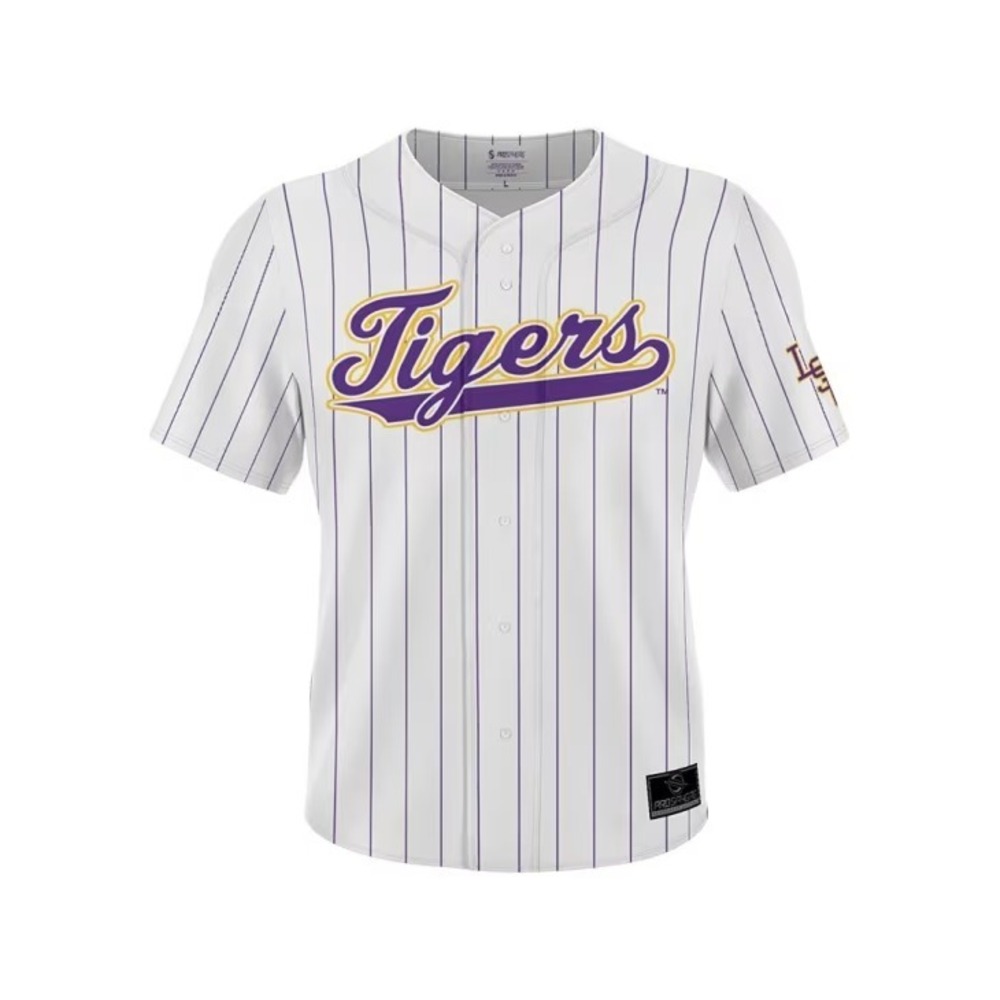 LSU Tigers Baseball Jersey Youth XS White Purple Pinstripe Prosphere Button Up